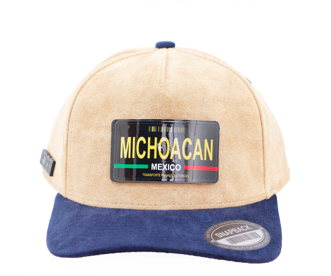 MICHOACAN PLACA DEL ESATDO GORRA GAMUZA CAFE Y MARINO PLACA KAMEL