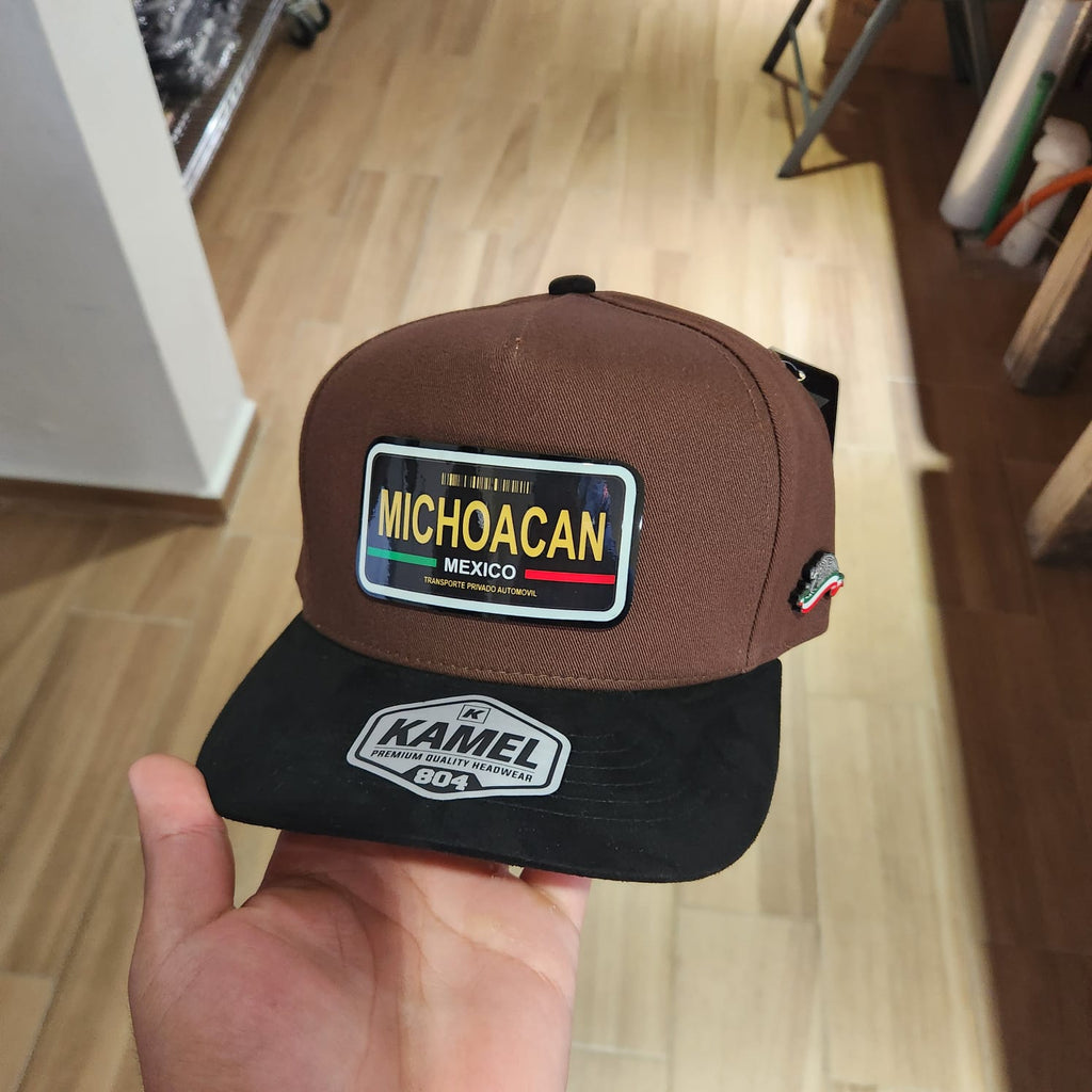 MICHOACAN STATE PLACA GORRA CAFE VICERA GAMUZA NEGRA PLACA KAMEL